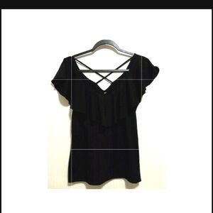 Ladies Top-Sz. L/G 11-13-Black Sleeveless V Neck w/Ruffled Collar/Neck Line